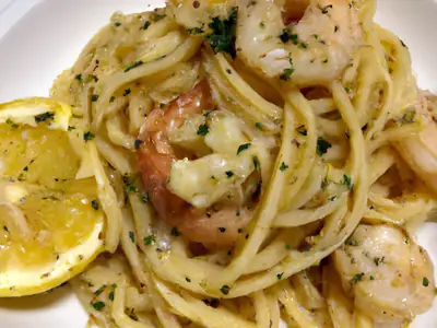 Lemon Butter Garlic Shrimp Pasta, plated and ready to serve