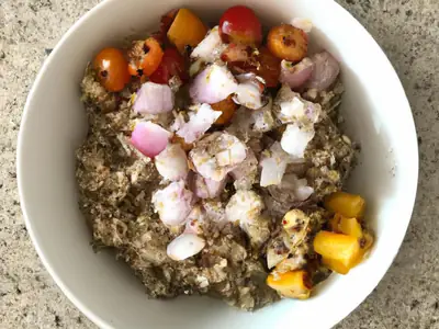 Mediterranean Quinoa Power Bowl, plated and ready to serve