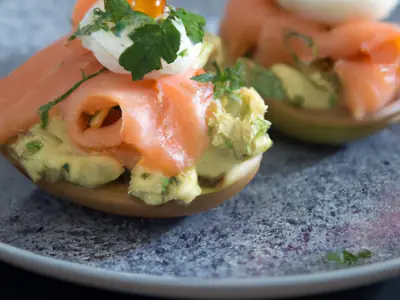 Smoked Salmon and Avocado Eggs Royale, plated and ready to serve