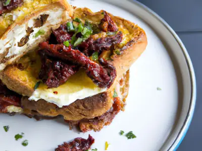 Sun-Dried Tomato and Feta Stuffed French Toast, plated and ready to serve