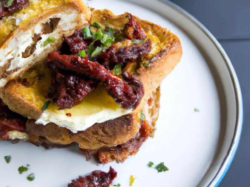 Sun-Dried Tomato and Feta Stuffed French Toast, plated and ready to serve