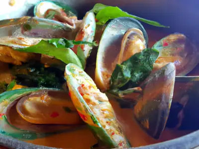 Thai Coconut Curry Mussels, plated and ready to serve